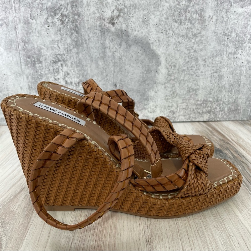 Steve Madden Jylan Woven Wedge Sandals Cognac Brown 11 New - Picture 3 of 11